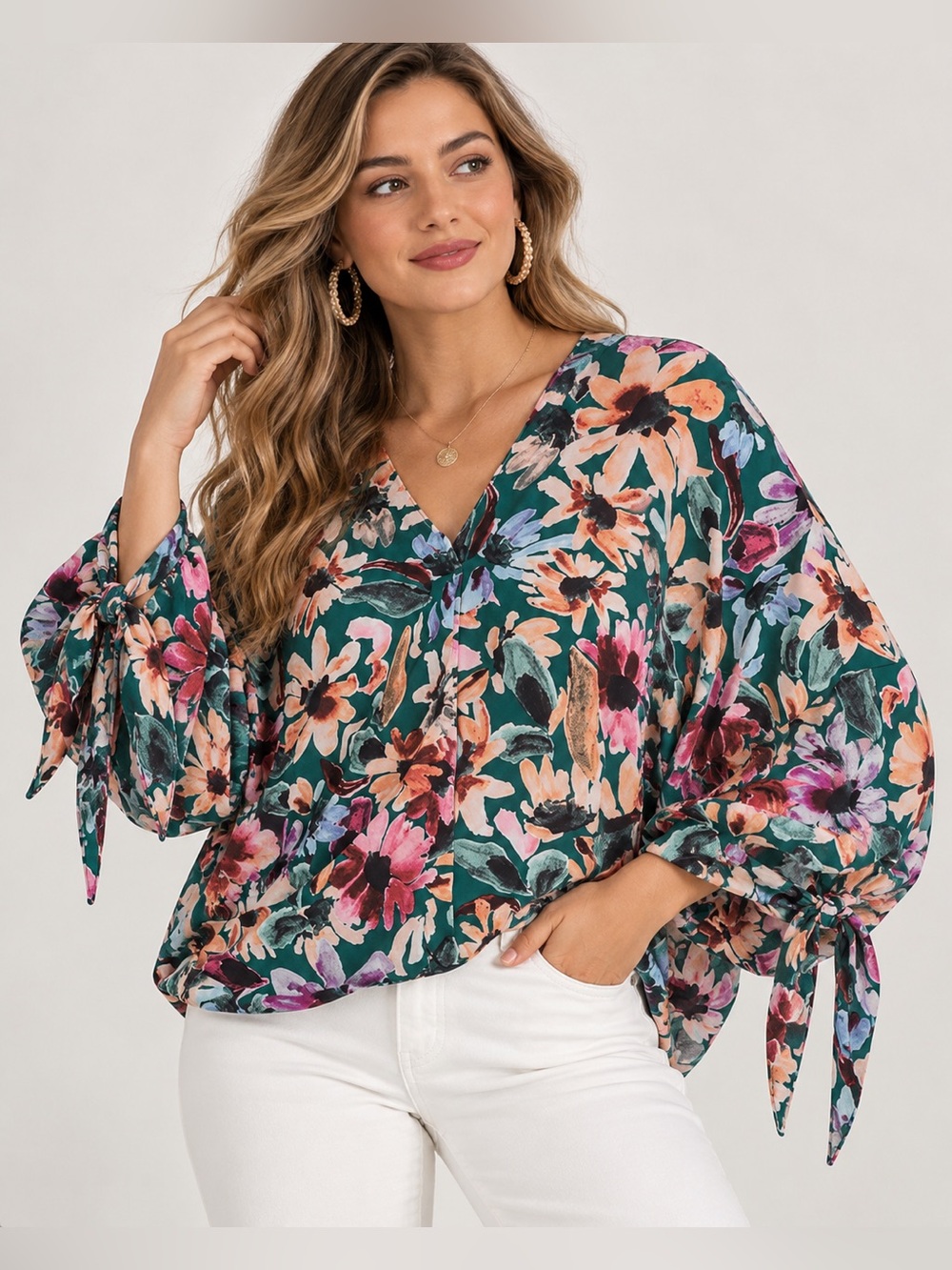 BOHO Green Floral Tie-Sleeve Blouse
